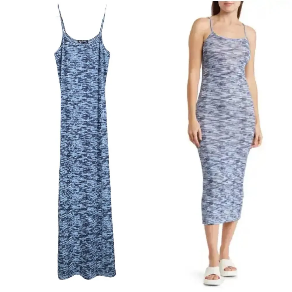 Freshman Rib Knit Midi Tank Dress In Blue Spacedye Stripe Size Small Sleeveless